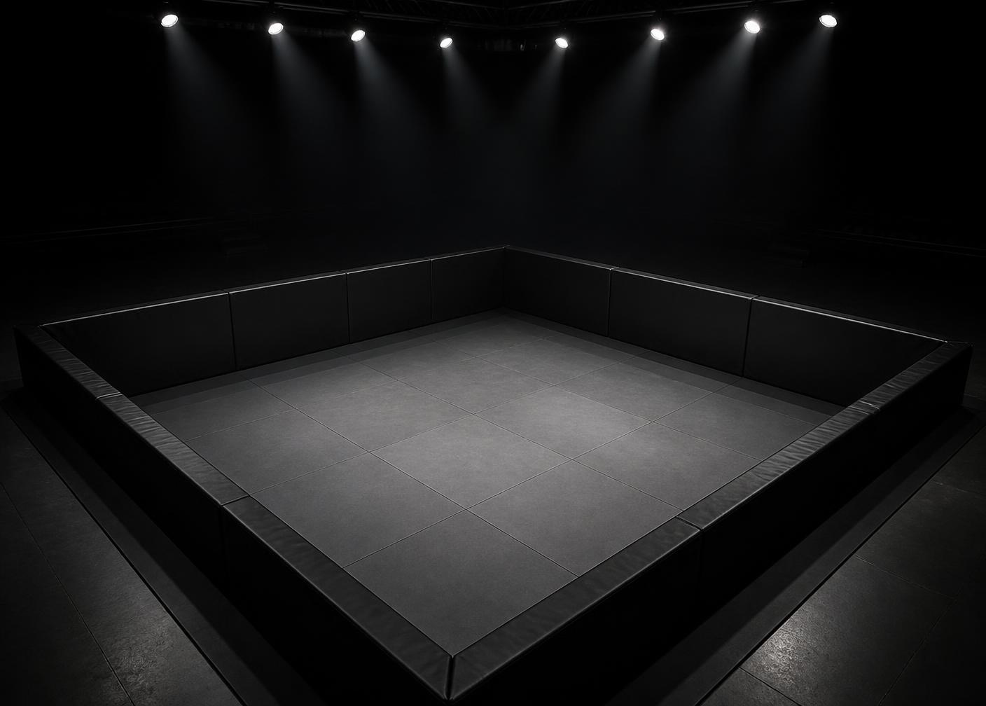 Professional fight pit with 25m² matted competition floor and padded pit sides