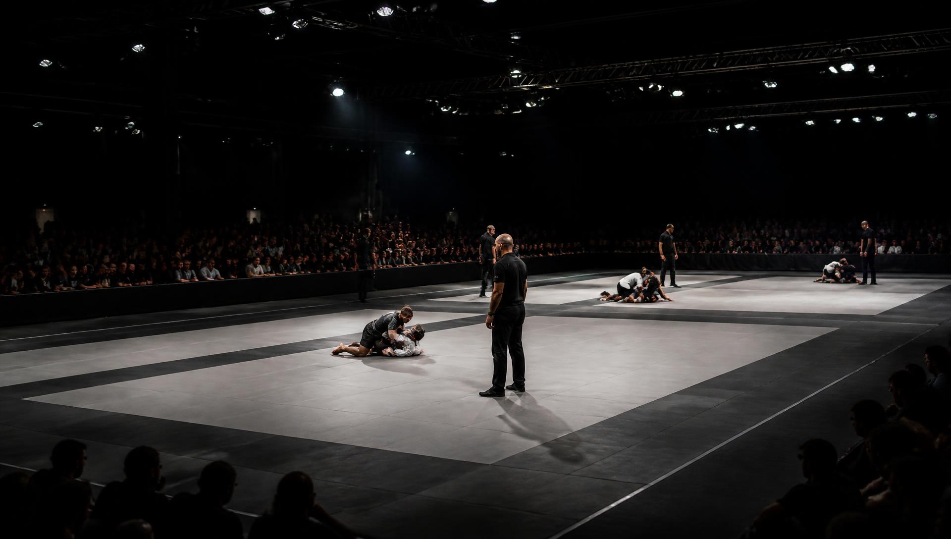 Large martial arts competition arena with grey and black tatami mat areas under event lighting